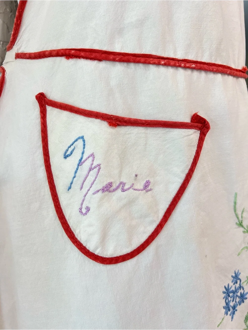 Vintage Hand Embroidered Hostess Apron Personalized Marie Floral